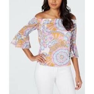 Trina Turk Healdsburg Print Off Shoulder Bell Sleeve Top size Medium